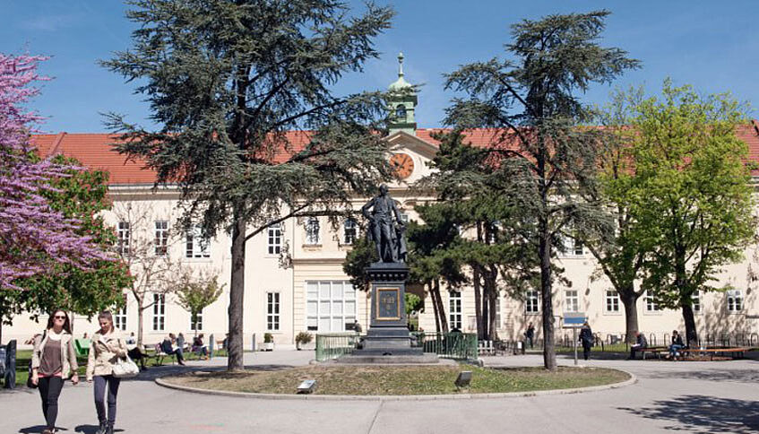 Studierende spazieren bei Sonnenschein durch den Campus