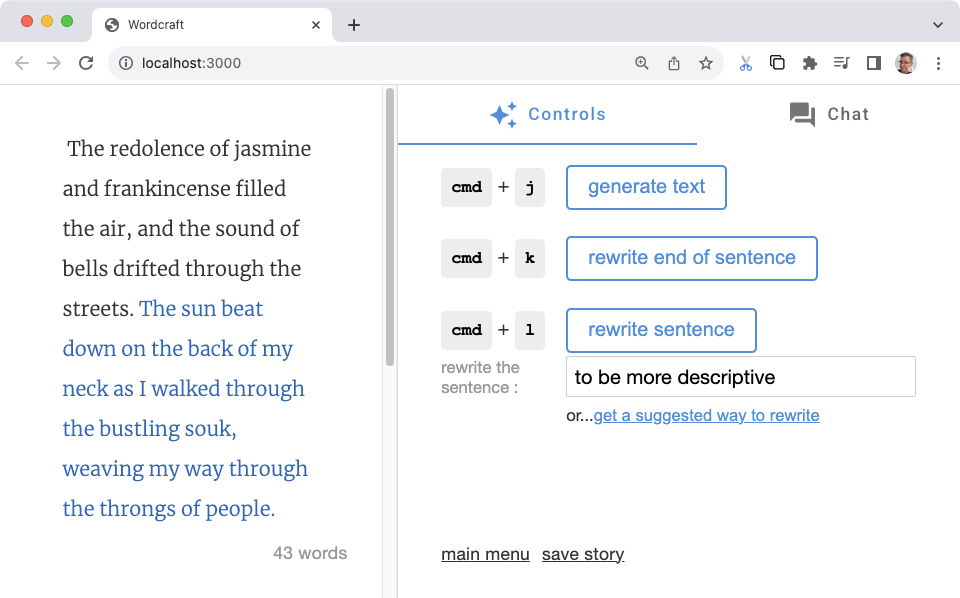 Wordcraft commands user interface