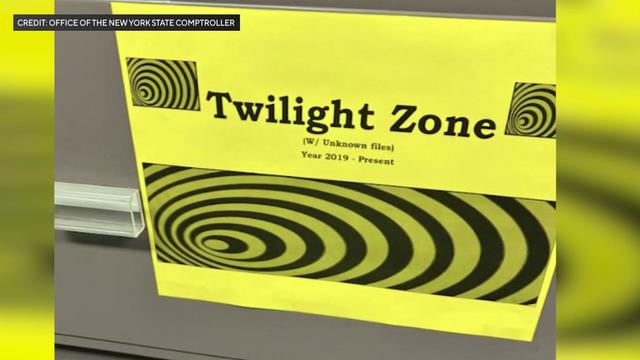 A yellow piece of paper labeled "Twilight Zone (W/ Unknown files) Year 2019-Present" with three swirling images on it. 