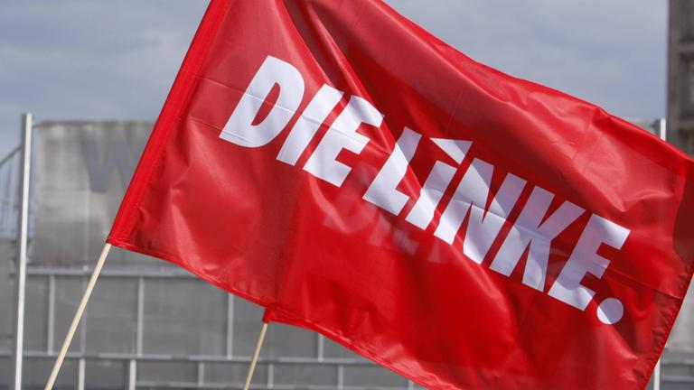 Eine Fahne mit Aufschrift "Die Linke" weht im Wind.