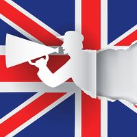 English language school promotion illustration. Silhouette of a man advertises or sells shouts in a megaphone and emerging from the flag of the United Kingdom (Union Jack).