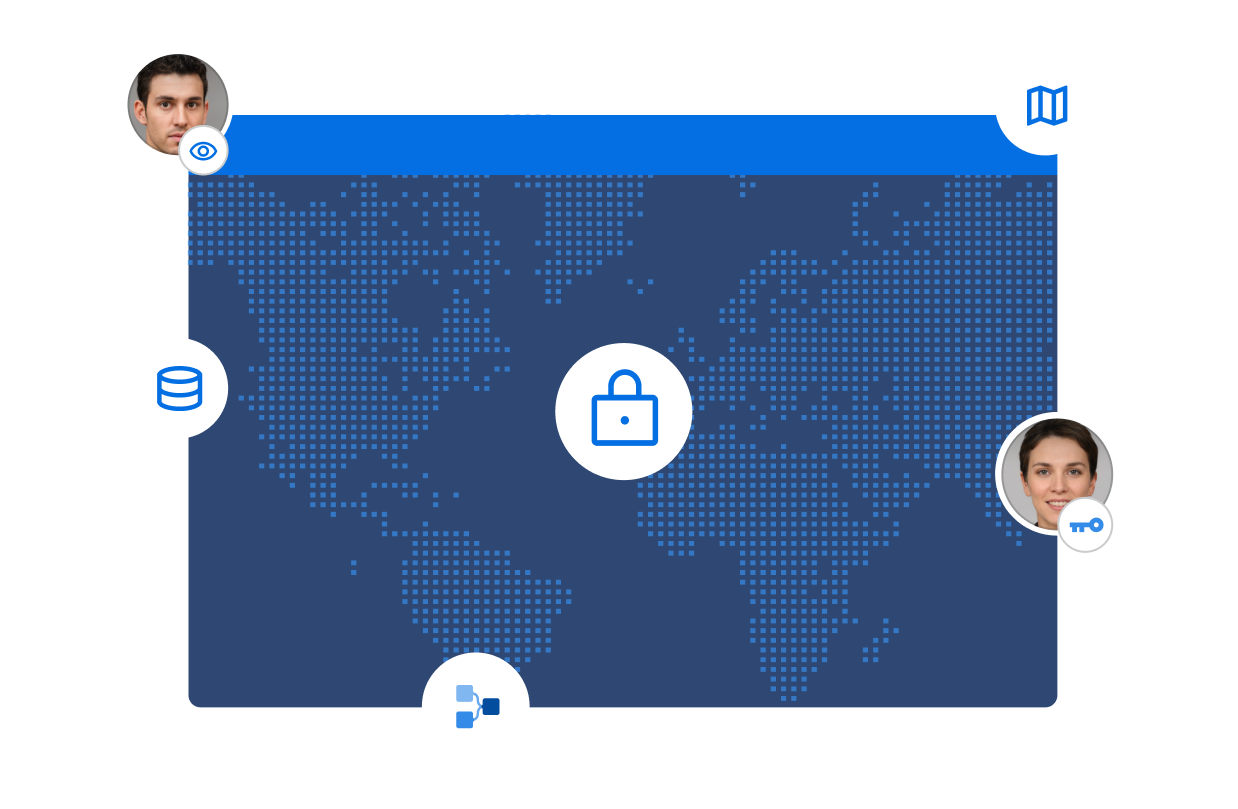 A global map with icons representing data security, user profiles, access control, and authentication.