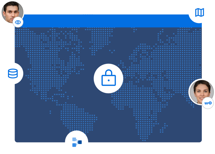 A global map with icons representing data security, user profiles, access control, and authentication.