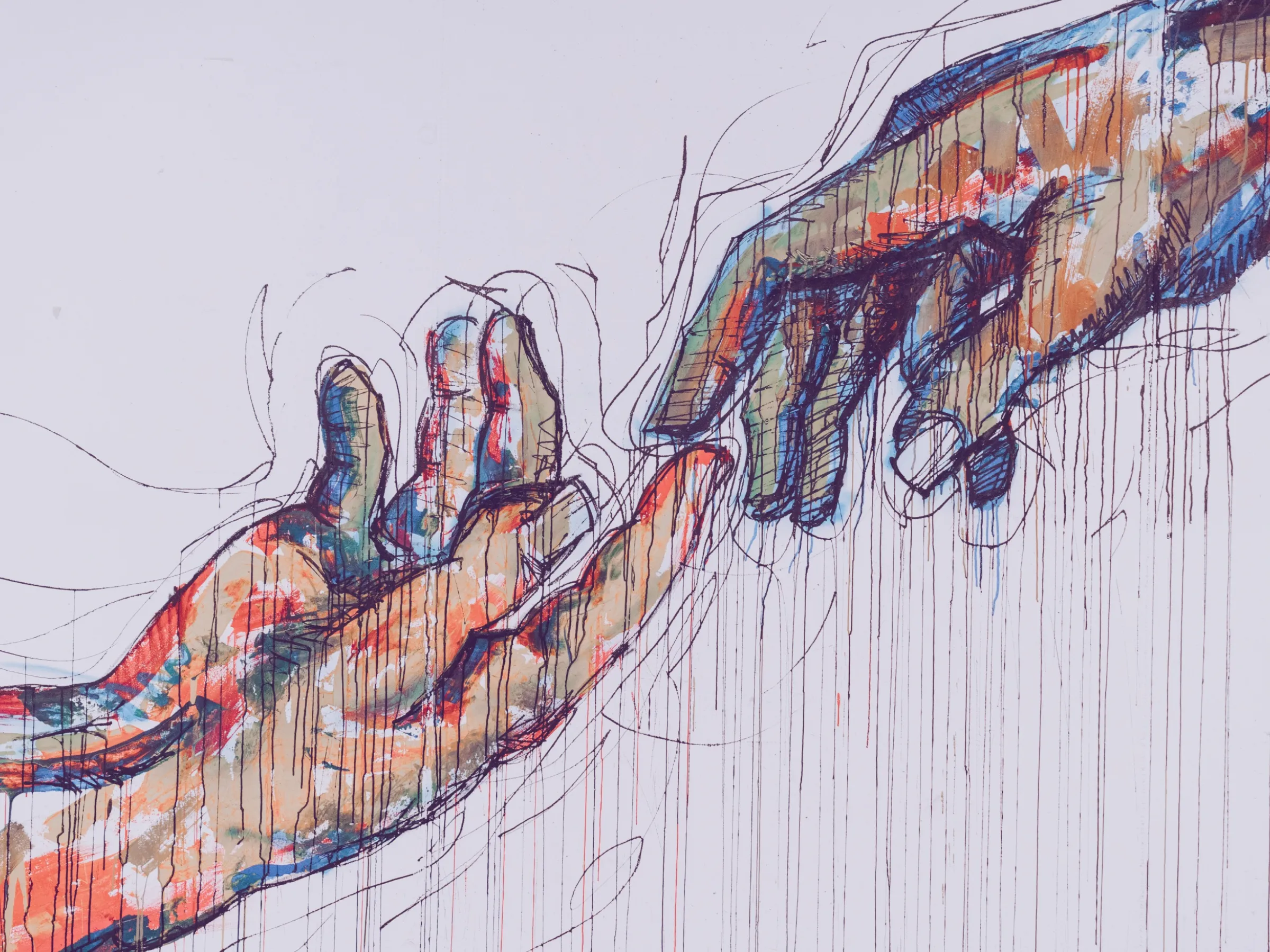 an sketchy illustration of two hands touching like the painting The Creation of Adam by Michelangelo