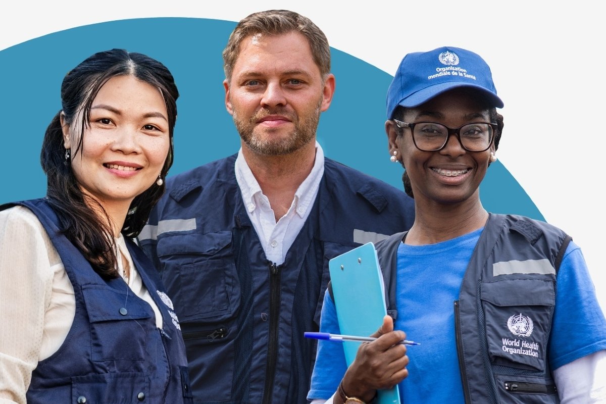 Two female and one male WHO staff in a collage.