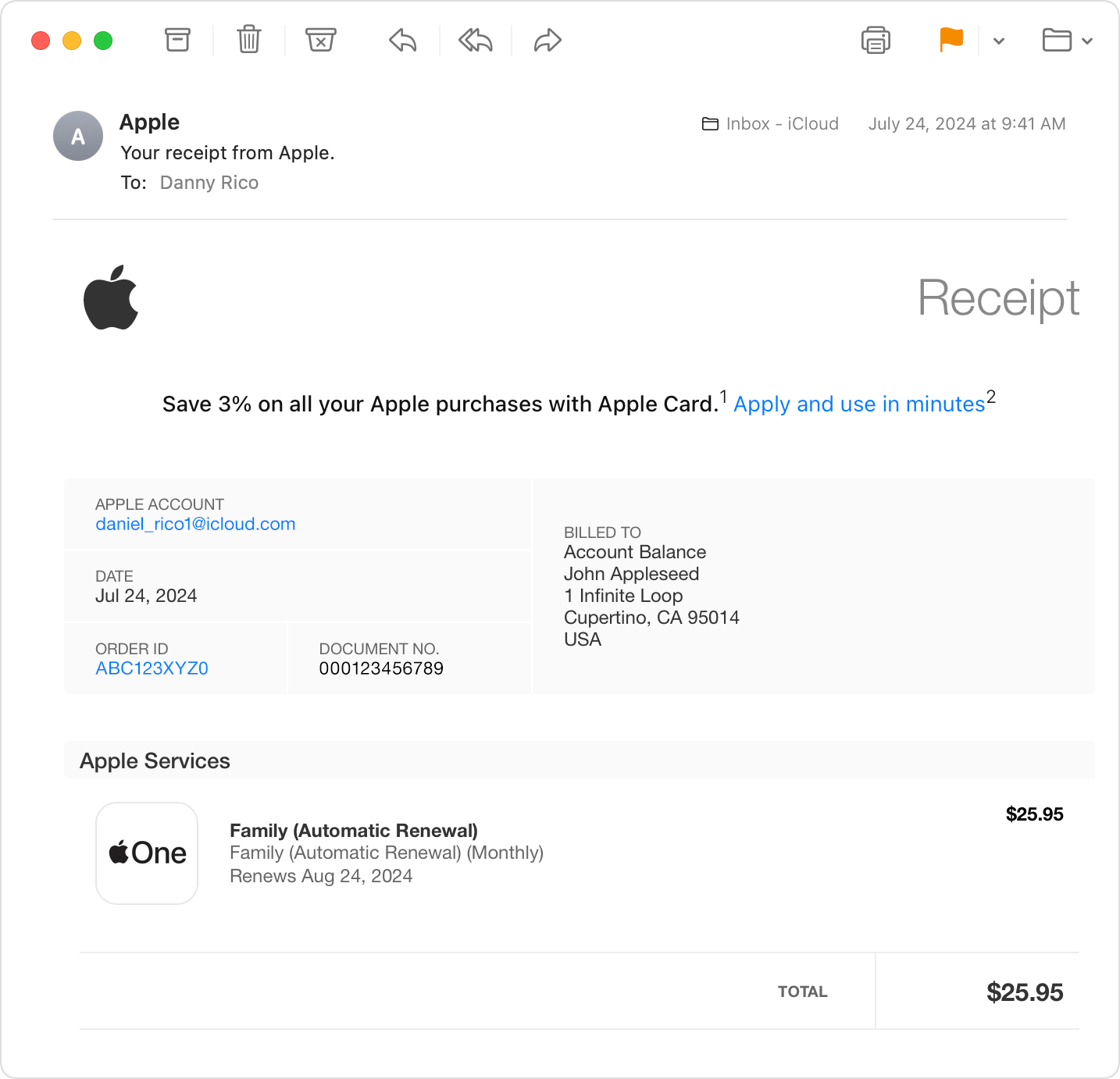 Un correo electrónico con un recibo de una compra de suscripción a Apple One.