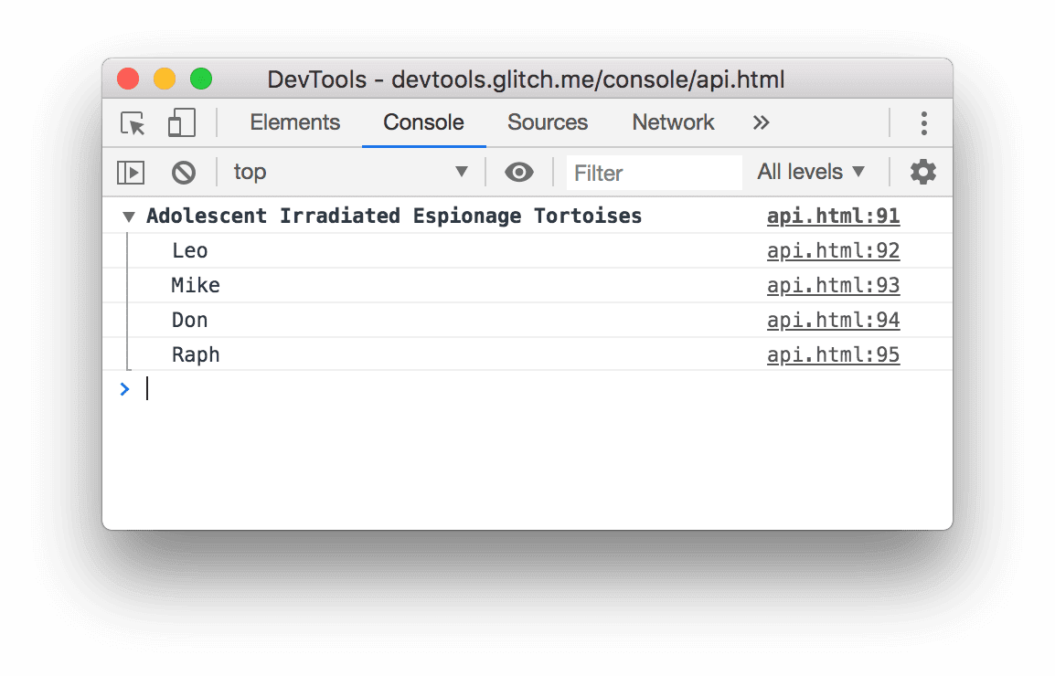 The result of the console.group() example above.