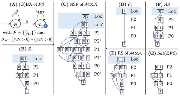 (A–G) A Büchi automaton of a CTL
$^*$∗
 formula and the DDs generated by its evaluation for the net in Fig. 1A.