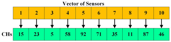 In a 10-member vector, nodes 15, 23, 5, 58, 92, 71, 35, 11, 87, and 46 were selected as CH nodes.