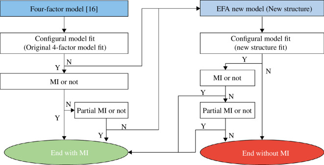 Procedures of detection of MI (measurement invariance) in two different languages datasets.