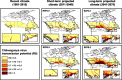 Five maps indicating recent climate (1981 2010), short-term projected climate (2011 2040) for RCP4.5 and RCP8.5, and long-term projected climate (2041 2070) for RCP4.5 and RCP8.5. Chikangunya virus transmission potential (R subscript 0) ranges are less than or equal to 0.5; greater than 0.5 to less than or equal to 0.7; greater than 0.7 to less than or equal to 0.9; greater than 0.9 to less than or equal to 1.0; and greater than 1.0.