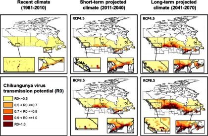 Five maps indicating recent climate (1981 2010), short-term projected climate (2011 2040) for RCP4.5 and RCP8.5, and long-term projected climate (2041 2070) for RCP4.5 and RCP8.5. Chikangunya virus transmission potential (R subscript 0) ranges are less than or equal to 0.5; greater than 0.5 to less than or equal to 0.7; greater than 0.7 to less than or equal to 0.9; greater than 0.9 to less than or equal to 1.0; and greater than 1.0.