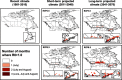 Five maps indicating recent climate (1981 2010), short-term projected climate (2011 2040) for RCP4.5 and RCP8.5, and long-term projected climate (2041 2070) for RCP4.5 and RCP8.5. The number of months where R subscript 0 is greater than 1.0 are 0, 1 (July), 2 (July and August), and 3 (June, July, and August).