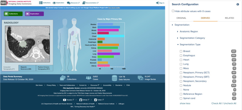 Figure 2. Elements of IDC Portal user interface. Left, front page of the IDC Portal for the pilot (preproduction) release of the platform, available at https://imaging.datacommons.cancer.gov. Right, example of filters available for defining cohort based on the attributes describing segmentation results available in IDC.