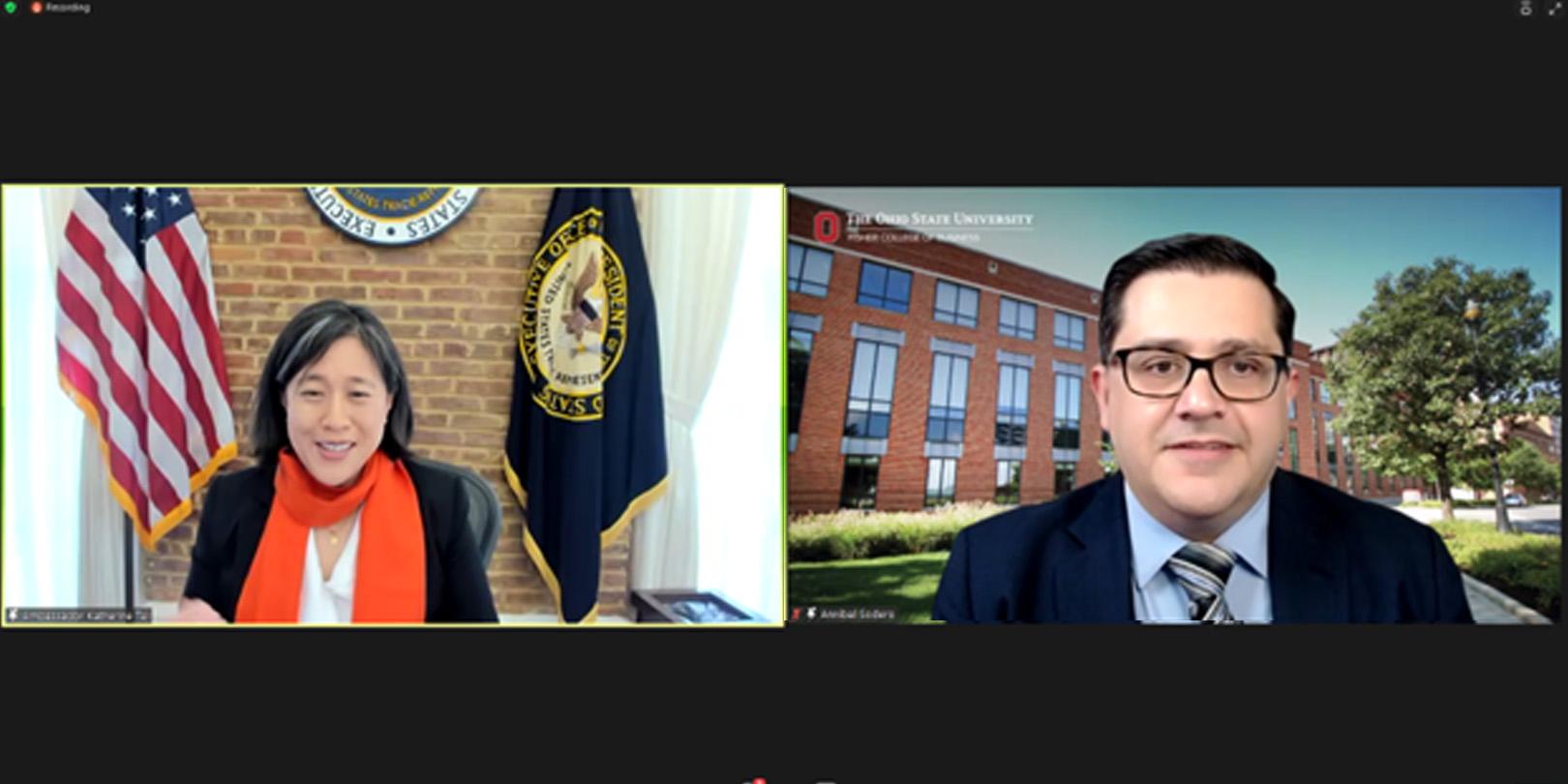 Screenshot of Global Supply Chain Forum participants Katherine Tai and Annibal Sodero