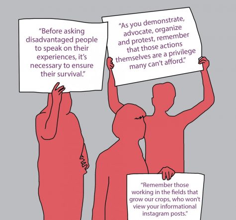 a graphic illustration of activists holding signs that read "before asking disadvantaged people to speak on their experiences, it's necessary to ensure their survival", another reading "as you demonstrate, advocate, organize, and protest, remember that those actions themselves are a privilege many can't afford" and the final one reading "remember those working in the fields that grow our crops, who won't view your informational Instagram posts"