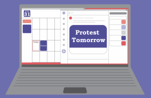 graphic of a calendar on a laptop screen with a "protest tomorrow" reminder to demonstrate online and social media activism