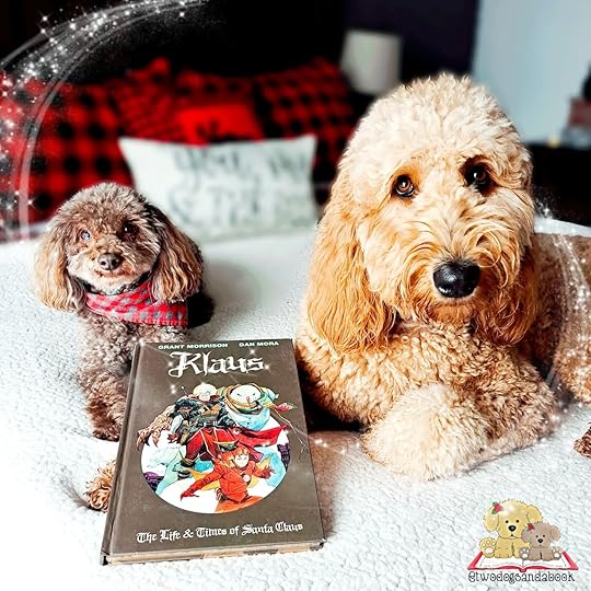 A Miniature Poodle and a Golden Doodle are lying on a bed with a hardcover graphic novel between them. The book is Klaus: THE LIFE & TIMES OF SANTA CLAUS - Volume 3, by Grant Morrison and Dan Mora.