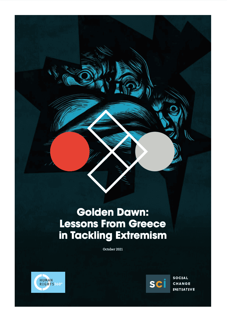 Golden Dawn Lessons From Greece in Tackling Extremism Report cover. Abstract image of haunted faces with shapes overlayed.