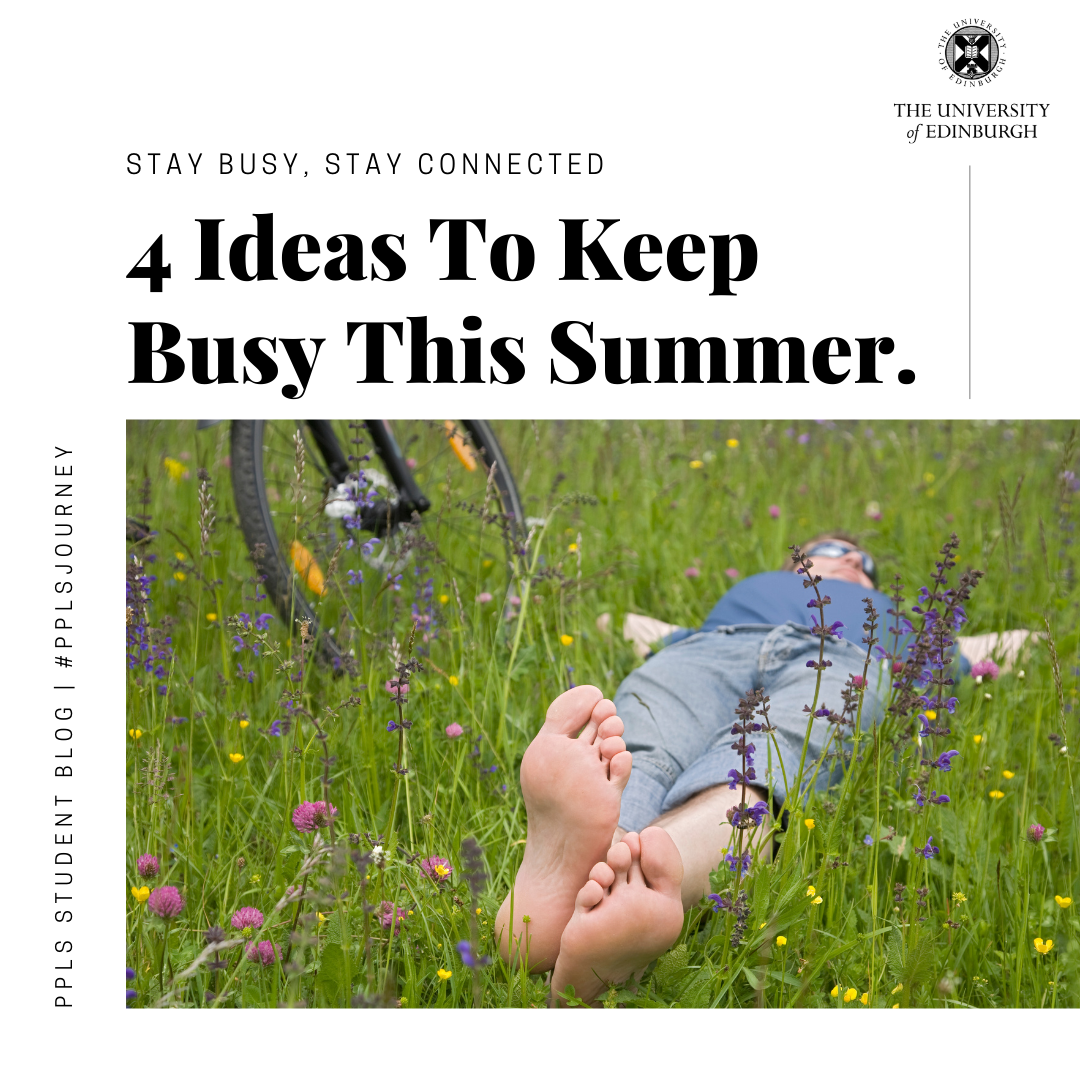 Blog banner, 4 ideas to keep busy this summer with a picture of a person lying in some grass and wildflowers