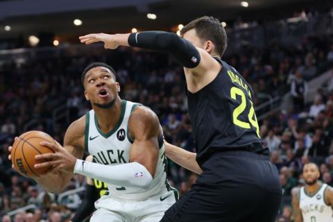 Giannis Antetokounmpo holds the ball as Walker Kessler defends 