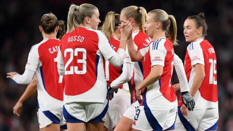 Beth Mead of Arsenal celebrates scoring her team's first goal with teammate Alessia Russo