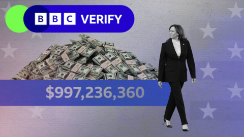 Kamala Harris stands next to a graphic of a pile of cash and a BBC Verify logo on top