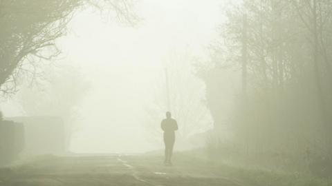 A lone figure on a foggy country lane framed by trees