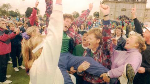 Europe captain Mickey Walker is lifted aloft by her team-mates at the 1992 Solheim Cup