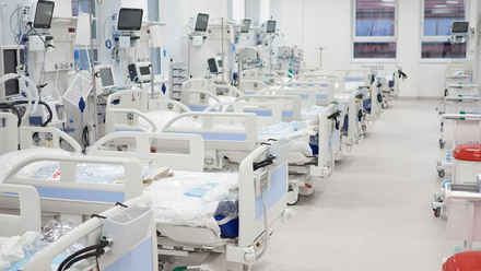 A row of empty hospital beds