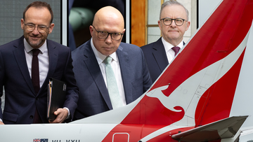 Adam Bandt, Peter Dutton, Anthony Albanese and a Qantas plane.