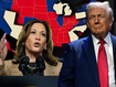 Kamala Harris and Donald Trump and a map of the US election battleground states.