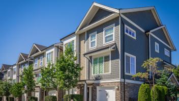 New Modern Apartment Buildings in Vancouver BC. Canadian modern residential architecture on sunny day.