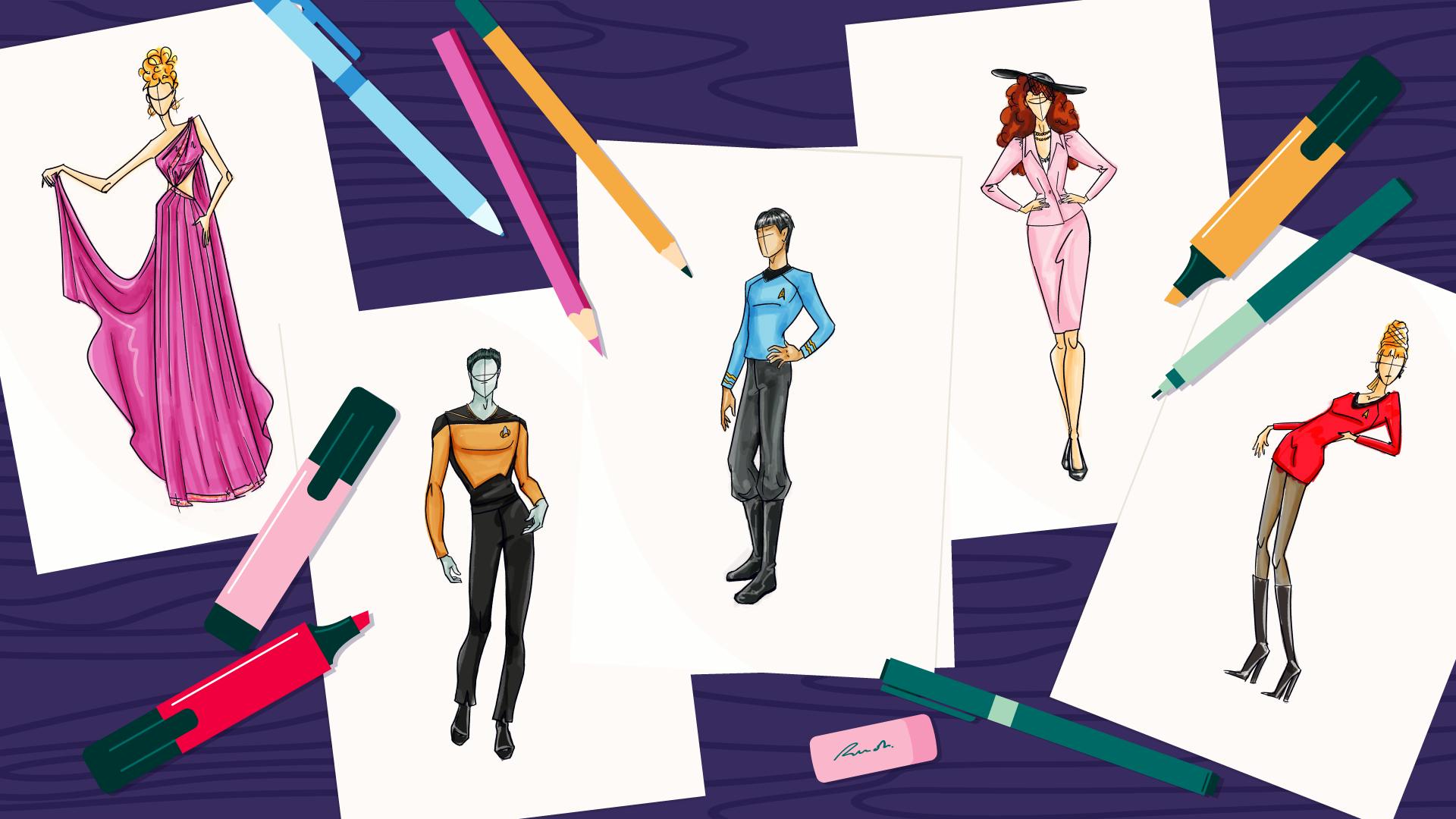 Graphic illustration of Star Trek couture sketches inspired by William Ware Theiss' designs strewn on a table along side pencils, markers, and an eraser