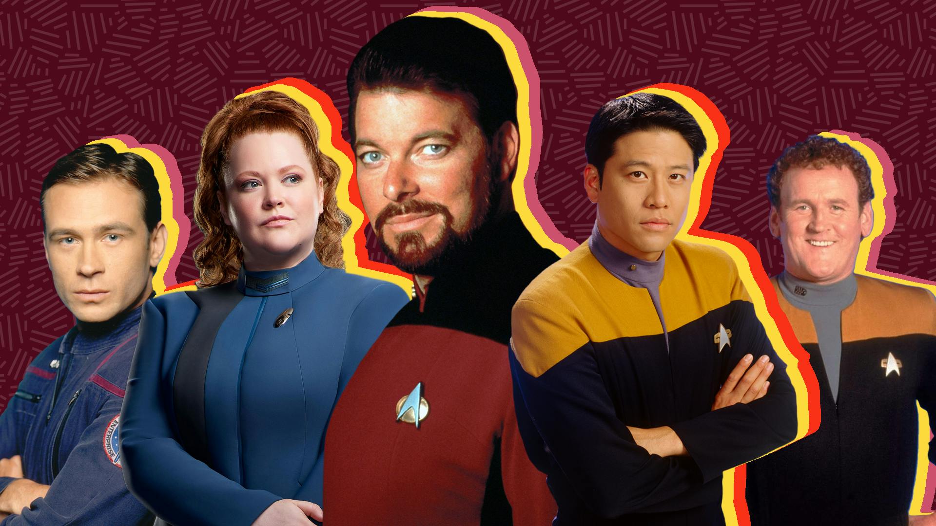 Collage of promo gallery photos of Trip Tucker, Sylvia Tilly, Will Riker, Harry Kim, and Miles O'Brien