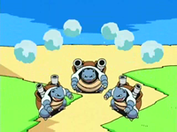 Tres Blastoise usando danza lluvia/danza de lluvia. De sus cañones, expulsan agua...