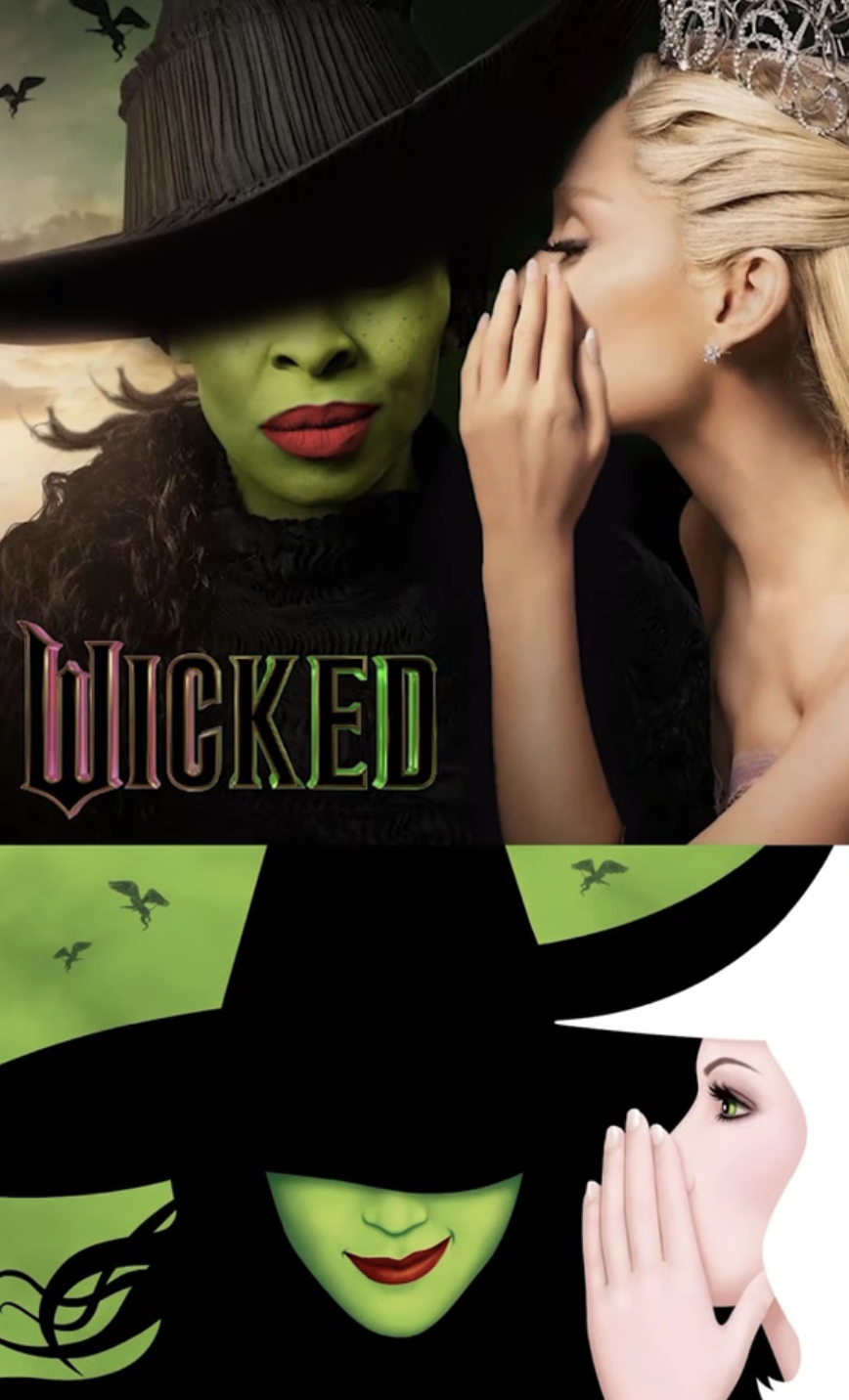 Two women depicted in &quot;Wicked&quot; poster: one with green skin and a witch&#x27;s hat, the other whispering. They mirror the animated version below