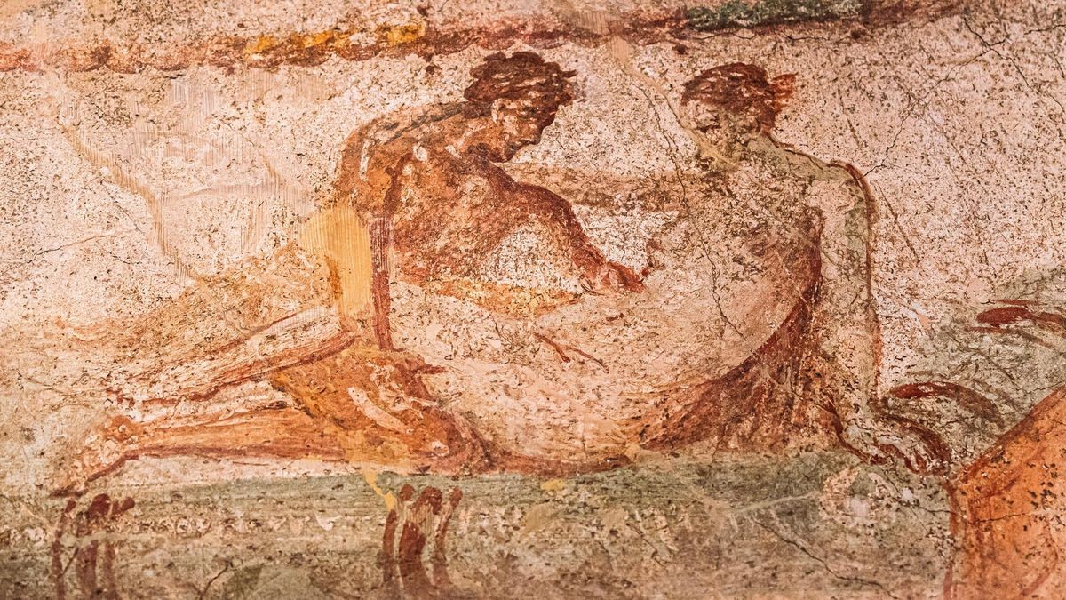 Pompeii, Italy. Fresco Sex Scene On Wall Of Lupanar Of Pompeii