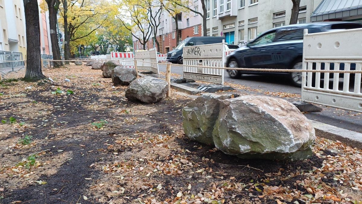 Felsbrocken liegen auf einem Grünstreifen in Friedrichshain-Kreuzberg. Sie sollen verhindern, dass Autos darauf abgestellt werden.