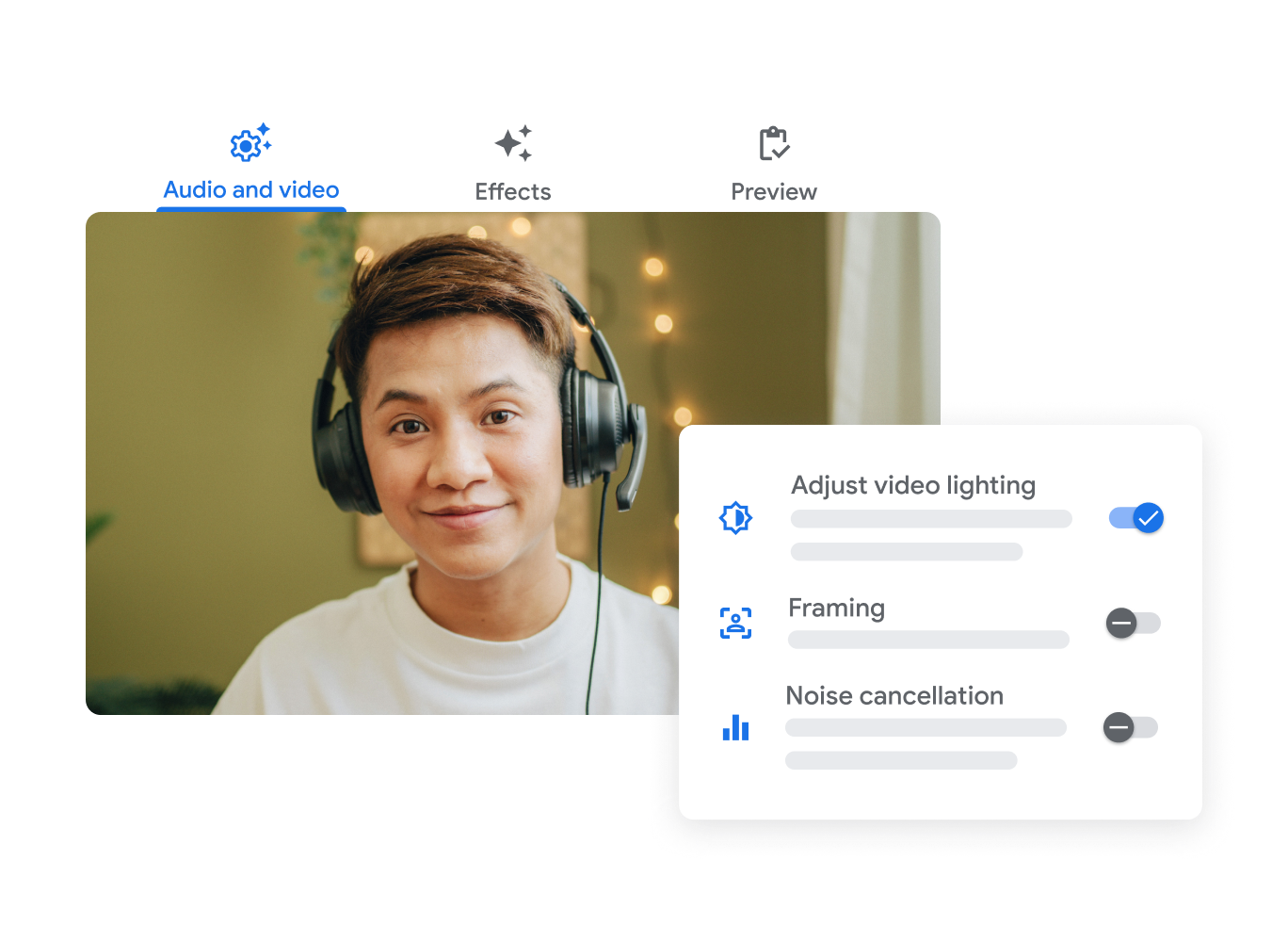 Giao diện người dùng của Google Meet cho thấy các tính năng điều chỉnh độ sáng, lấy khung hình và khử tiếng ồn cho video.