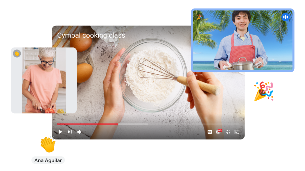 Chamada do Google Meet que mostra um vídeo em grande plano de alguém a cozinhar e dois participantes remotos.