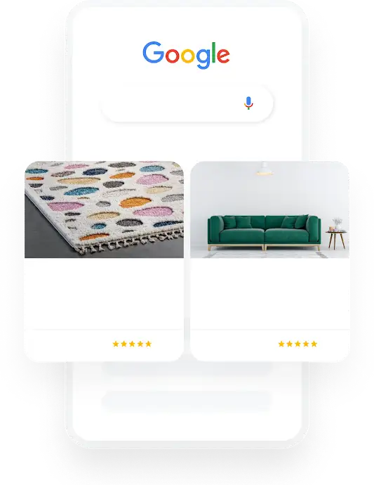 Illustration of a phone showing a Google search query for home decor that results in two relevant Shopping ads showing.