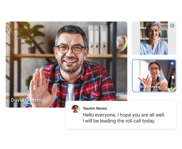 Відеодзвінок Google Meet із трьома учасниками й транскрипцією в реальному часі: "Вітаю! Сподіваюся, що у вас усе добре. Сьогодні я проведу перекличку." 
