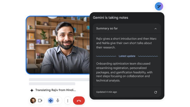 Під час відеодзвінка Gemini у Meet перекладає з гінді на англійську й робить нотатки.