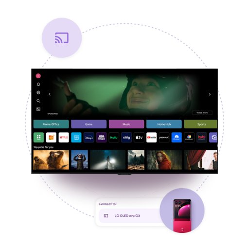 La pantalla de una televisión muestra la interfaz de Google TV y el icono de Cast en la esquina. Debajo, un smartphone muestra "Conectar a: LG OLED evo G3", lo que indica que es un dispositivo emparejado.