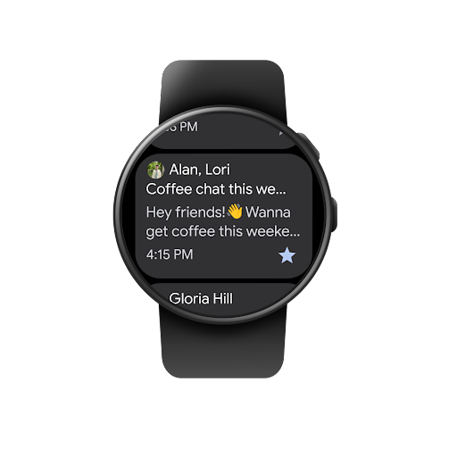 Browsing through a Gmail inbox, reading an email, and then favouriting that email, on a Wear OS smartwatch.