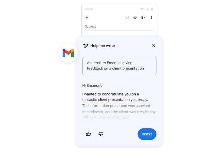 Gemini ayudando a un usuario a escribir un correo en el que aporta sus comentarios sobre la presentación de un cliente.