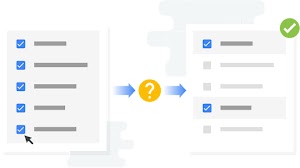 Conceptual image of a document with a series of bullets on the left, information flow to the right through a question mark to a document with a series of bullet points and a green checkmark in the upper right corner