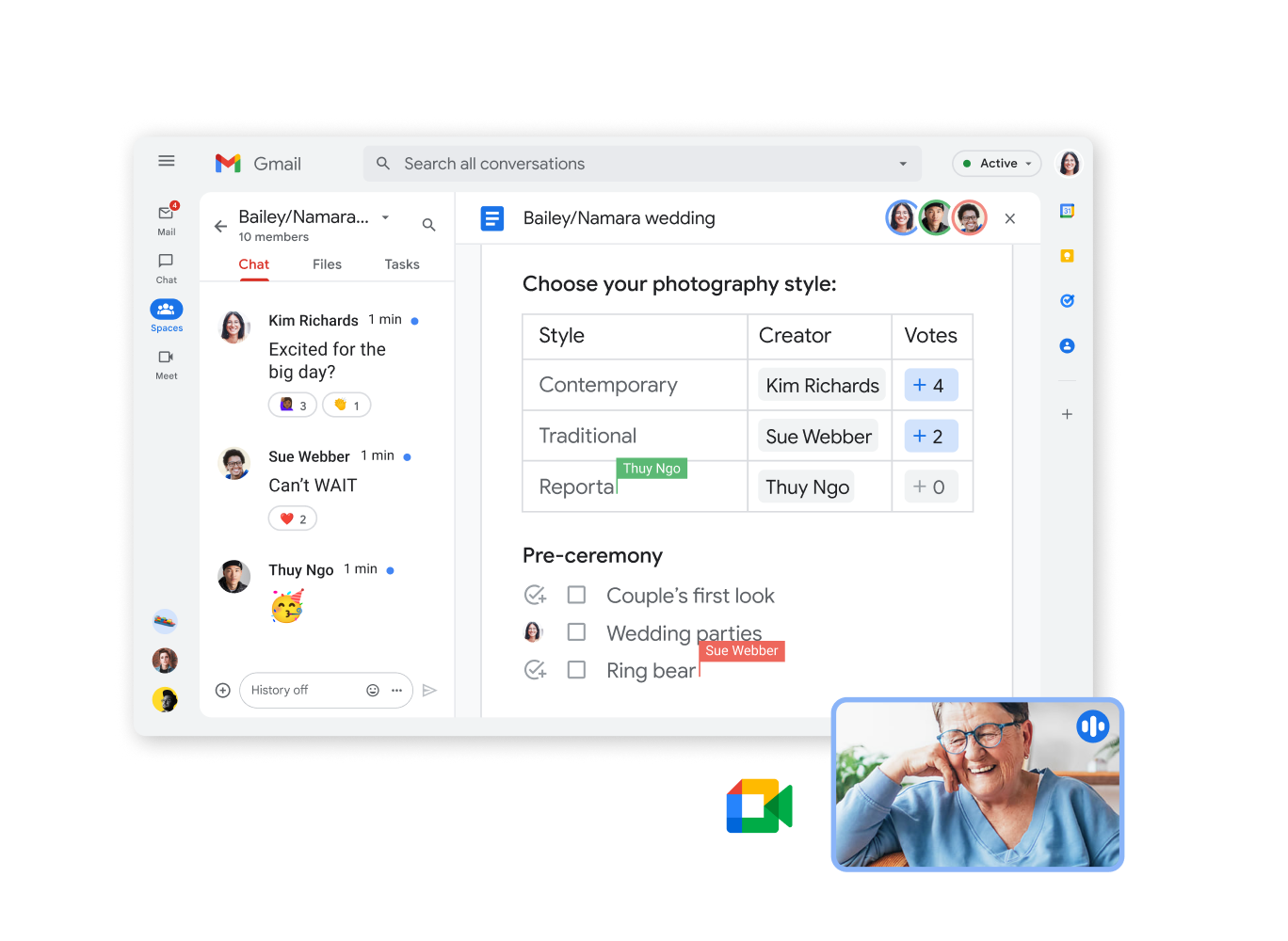 Recurso de chat do Gmail com colaboração em documento e chat por vídeo em uma tela