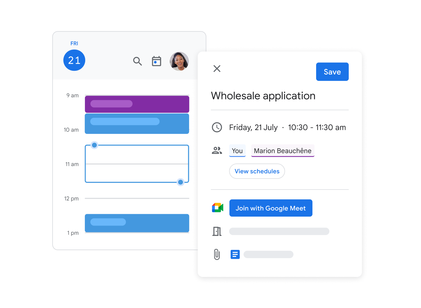 Instantâneo da UI do Calendário Google que mostra um utilizador a configurar uma reunião, a convidar utilizadores e a gerar um link do Google Meet.